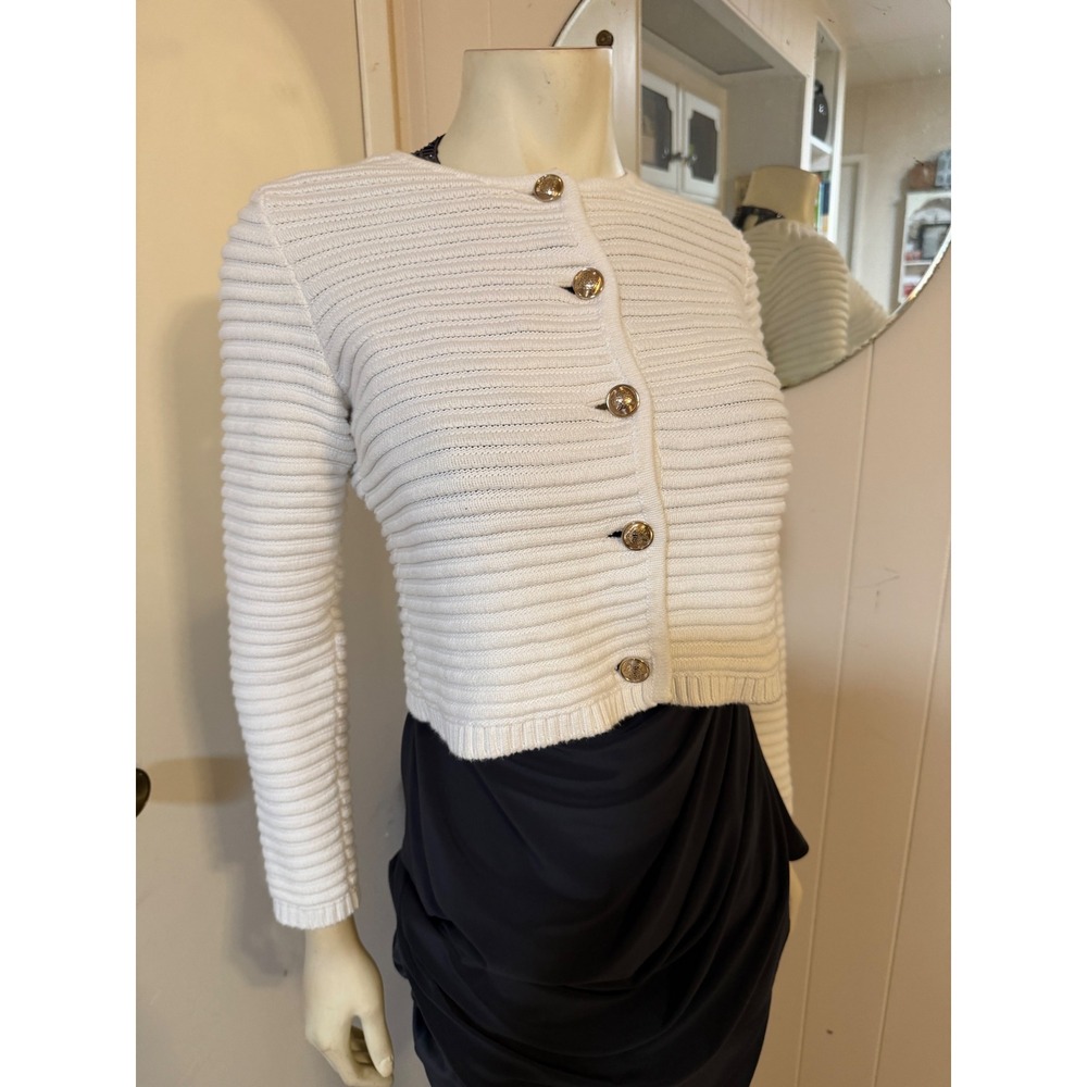 Marie Lund Copenhagen White Ribbed Cropped Cardigan Gold Crest Buttons XS